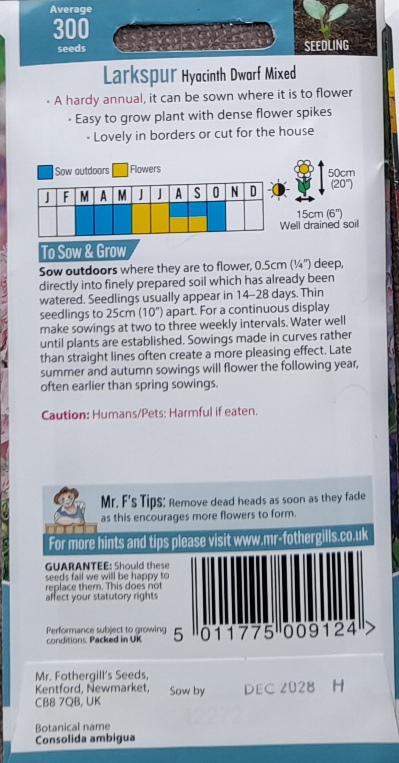 larkspur seed  packet back