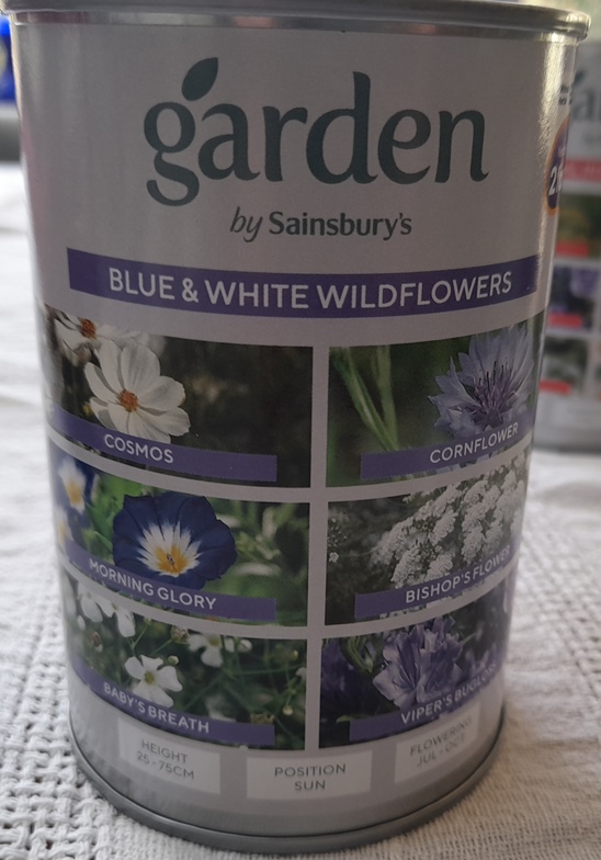 sainsburys wildflower seeds tin blue and white