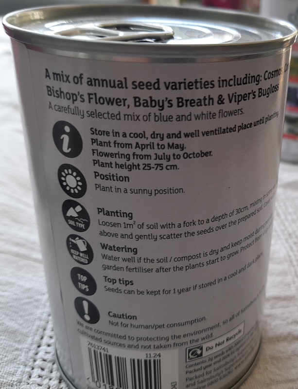 sainsburys Blue and white wildflower can