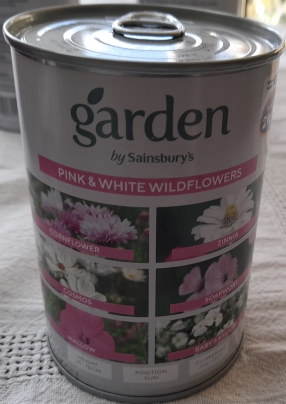 sainsburys wildflower seeds tin pink and white